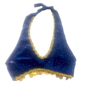Sexy Blue & Gold Size XS S M L  Belly Dancer Costume Halter Bra Glitter Coin Top